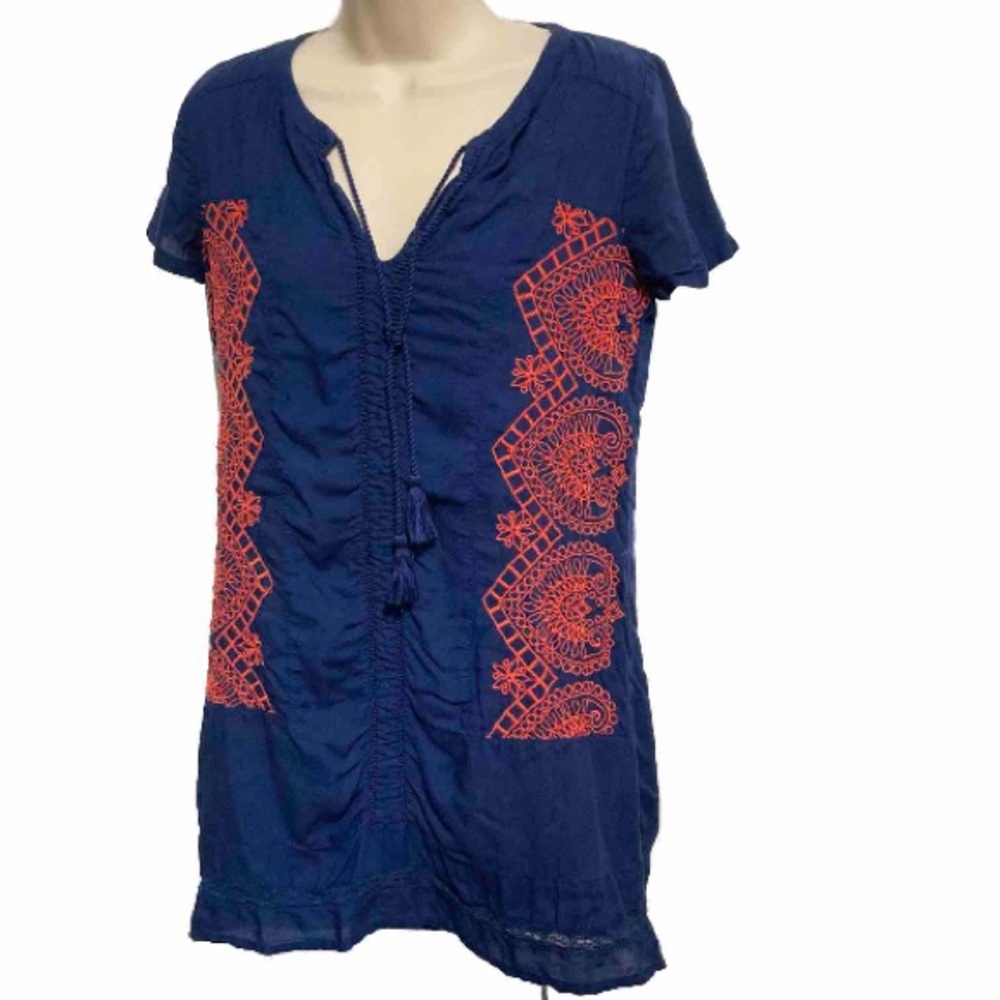 LUCKY BRAND Boho Navy Blue Orange Embroidered Neck Tie Tassel Vneck Tie Dress XS